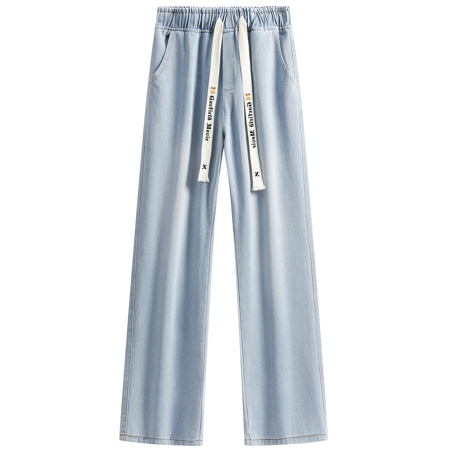 加菲猫家族 美式简约水洗做旧复古宽松舒适直筒垂感系带印花设计废土风时尚高街百搭透气中腰高级感牛仔裤 男女同款