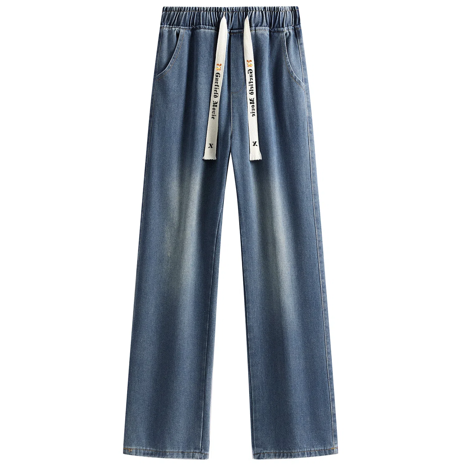 加菲猫家族 美式简约水洗做旧复古宽松舒适直筒垂感系带印花设计废土风时尚高街百搭透气中腰高级感牛仔裤 男女同款