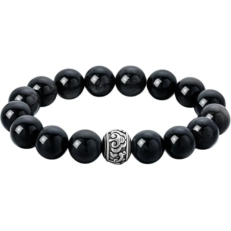 【S999足银纯银】 七七银饰 新中式福气满满 平安顺遂招财纳福 百搭轻奢氛围感日常通勤天然 黑曜石 玉石手串 男女同款情侣款