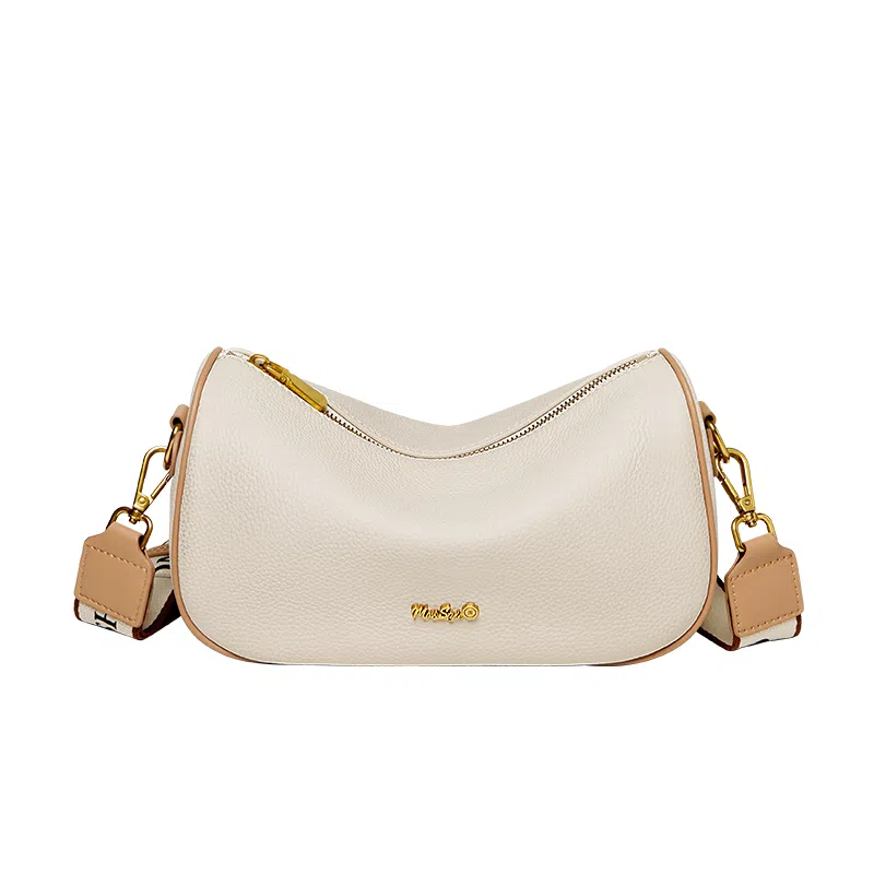 纳兰杜 简约百搭时尚潮流通勤 头层牛皮 斜挎包单肩包 中号 女款 米白拼杏/大象灰