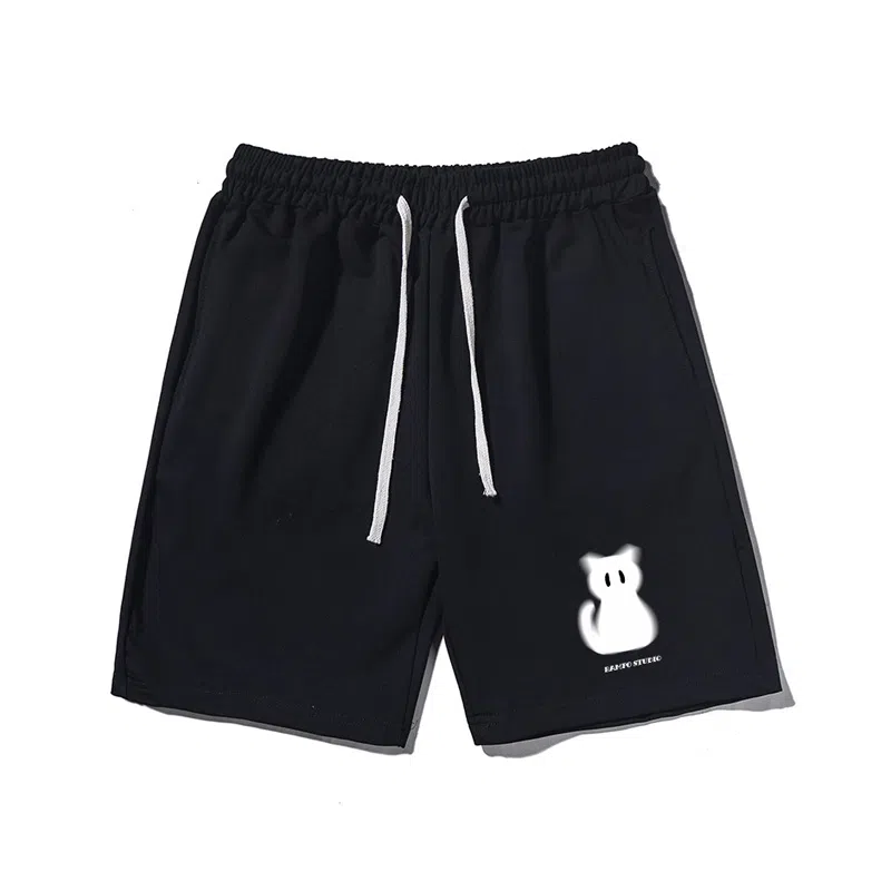 乱步 趣味设计猫印花透气凉感夏日宽松运动风青少年学生五分裤休闲短裤 男女同款