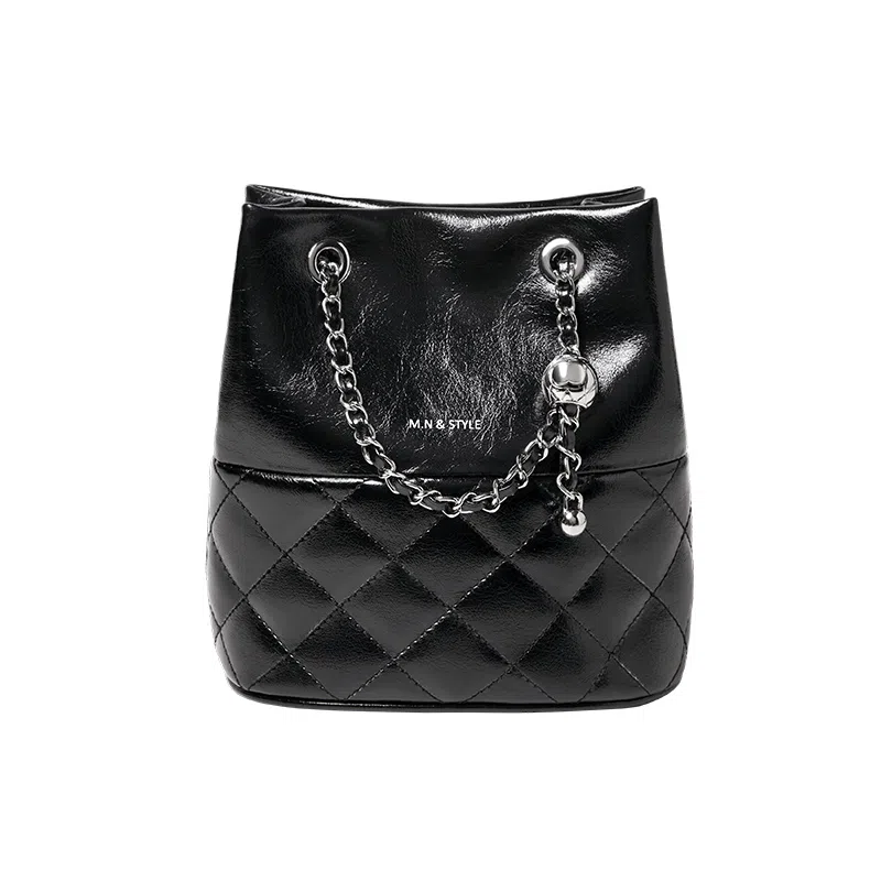 纳兰杜 包包女时尚小众潮流百搭实用品牌女包 牛皮拼合成革 水桶包斜挎包单肩包菱格包 中号 女款 子夜黑/米白色