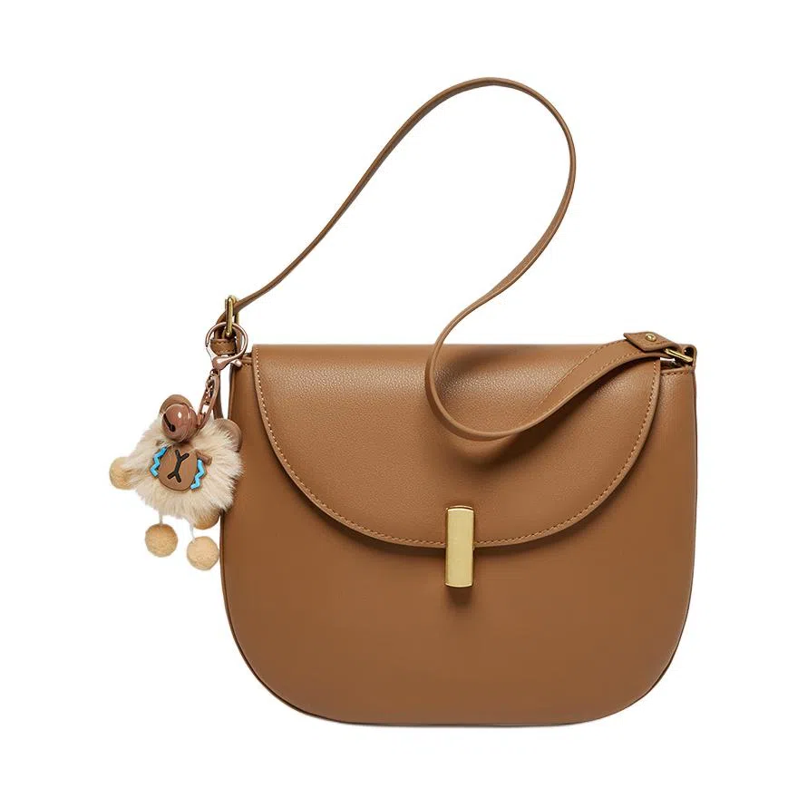 纳兰杜 女包百搭时尚潮流小众品牌通勤包包 牛皮配合成革 马鞍包斜挎包单肩包半圆包 中号 女款 焦糖棕/米白拼杏