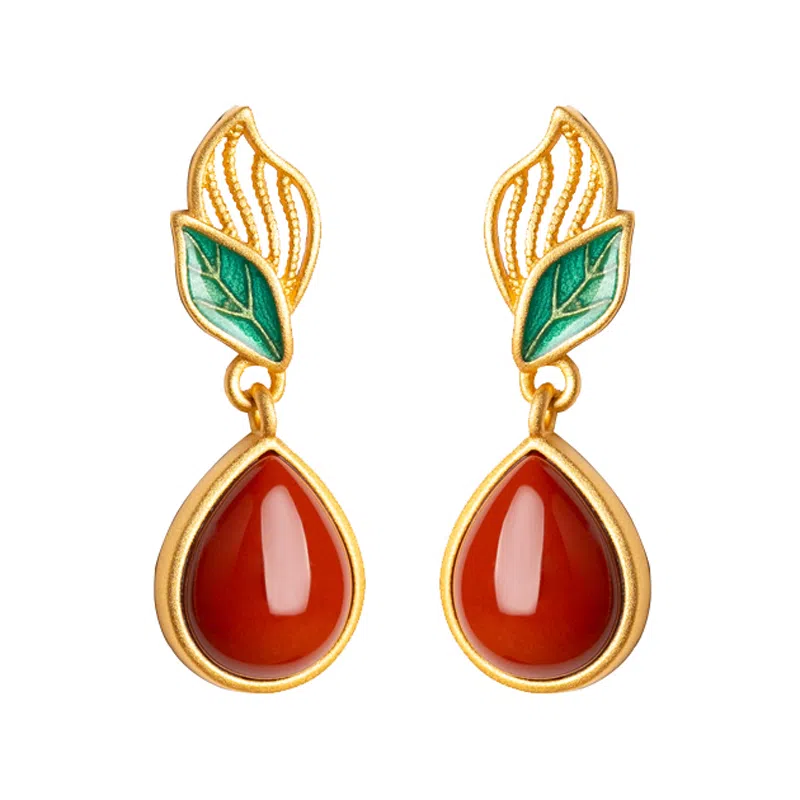 小银匠 叶子水滴新中式复古吉利事业如意天然 玛瑙 耳环 女款