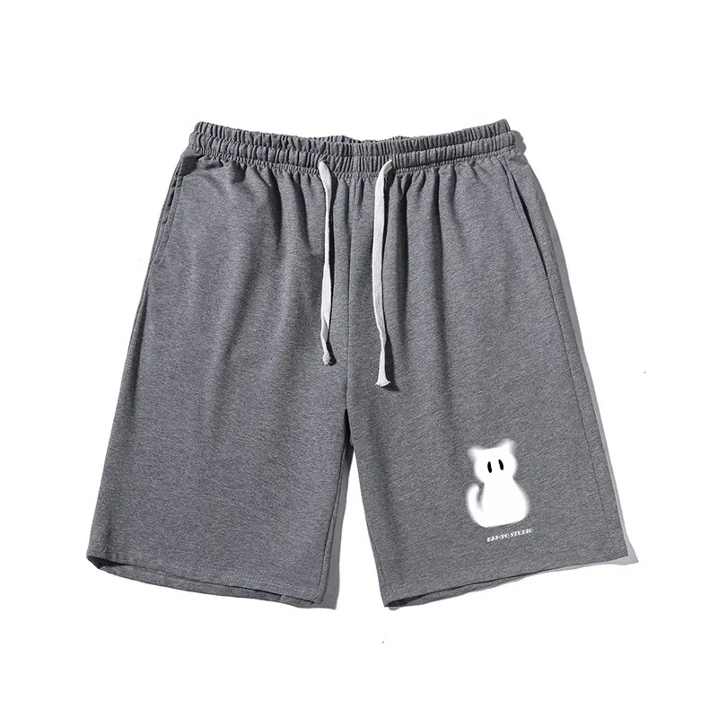 乱步 趣味设计猫印花透气凉感夏日宽松运动风青少年学生五分裤休闲短裤 男女同款