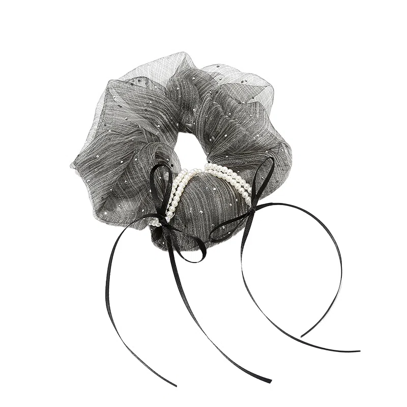 如花梦 法式欧根纱闪钻蝴蝶结飘带大肠发圈珍珠缠绕丸子头 网纱 头绳 女款