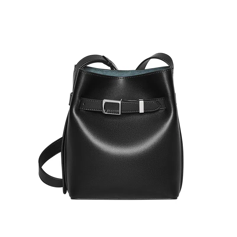 纳兰杜 包包女通勤百搭高级感简约精致休闲女包 牛皮拼合成革 水桶包单肩斜挎包 中号 女款 子夜黑