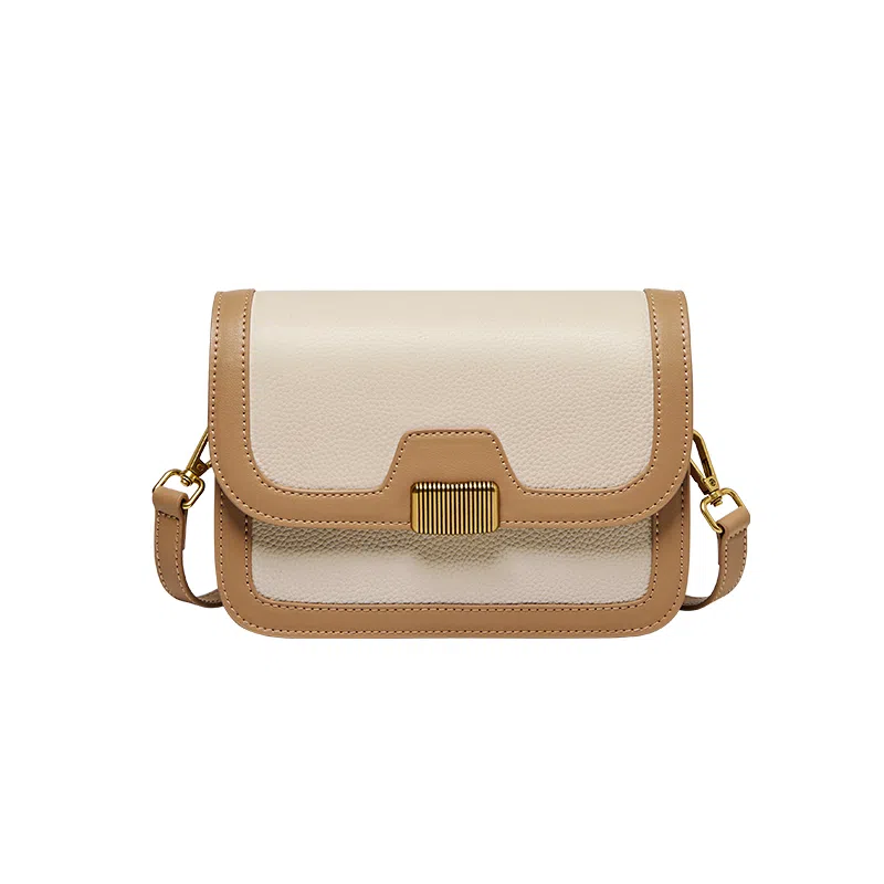 纳兰杜 高级感时尚百搭包包撞色小众设计夏天真皮女包 头层牛皮 斜挎包小方包豆腐包单肩包 中号 女款 米白拼杏