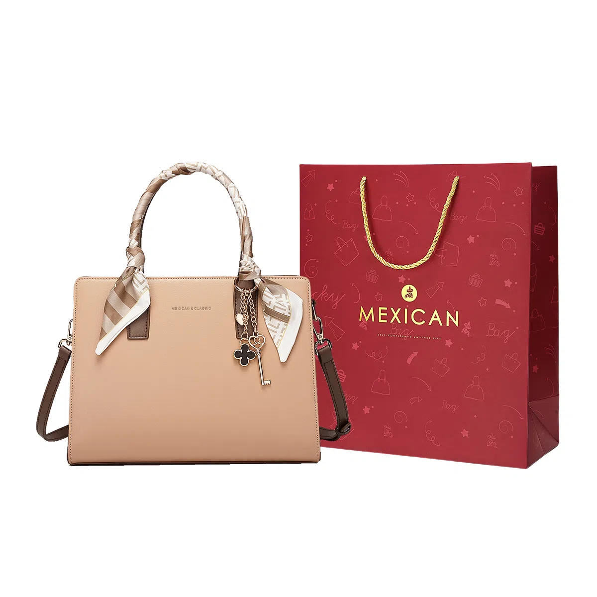 稻草人 精致百搭丝巾时尚潮流 合成革 单肩斜挎手提包 常规 女款 米白/杏色