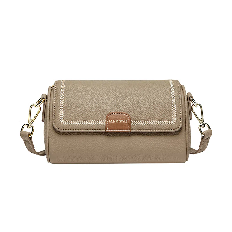 纳兰杜 简约时尚百搭休闲高级感潮流通勤包包 头层牛皮合成革 圆筒包单肩斜挎包 中号 女款 米白拼杏/大象灰