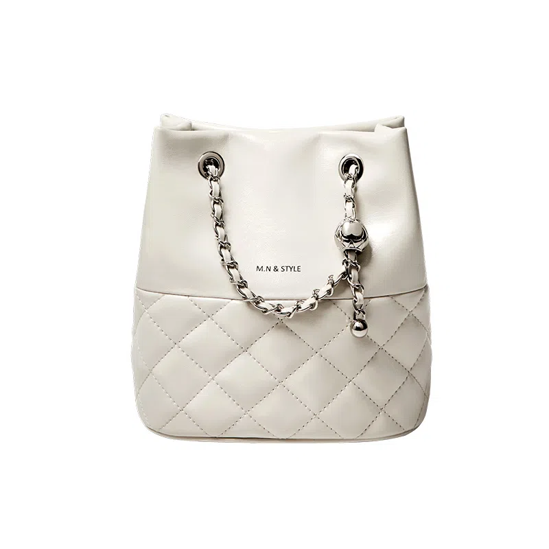 纳兰杜 包包女时尚小众潮流百搭实用品牌女包 牛皮拼合成革 水桶包斜挎包单肩包菱格包 中号 女款 子夜黑/米白色