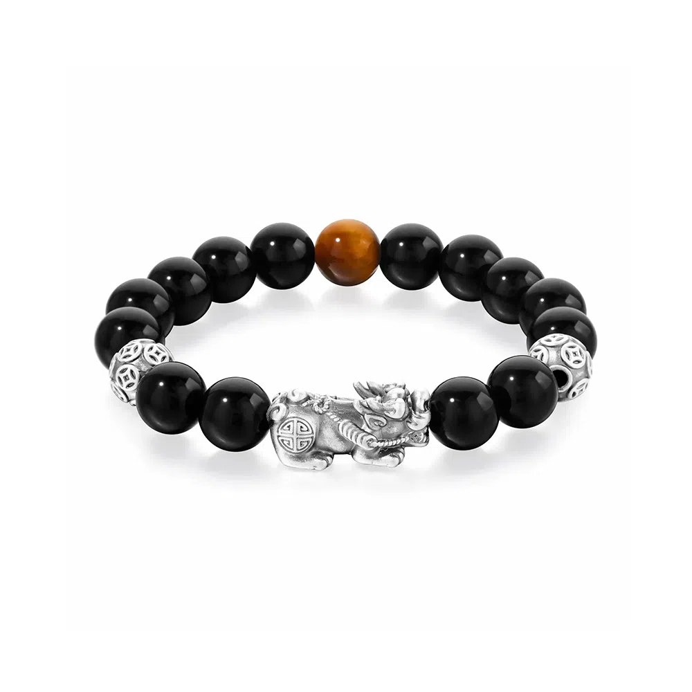【S999足银纯银】好运貔貅 七七银饰  新中式  发财暴富  福气满满 平安顺遂招财纳福  简约大气天然 黑曜石 手串 男女同款情侣款