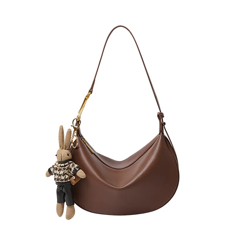 纳兰杜 高级感小众潮流高颜值百搭休闲通勤 牛皮拼合成革 饺子包单肩斜挎包 中号 女款 摩卡咖色/子夜黑色