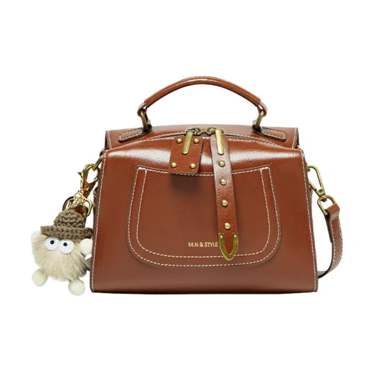 纳兰杜 包包女包高级感百搭潮流时尚简约通勤小众 牛皮拼合成革 波士顿包手提包单肩包斜挎包 中号 女款 棕色