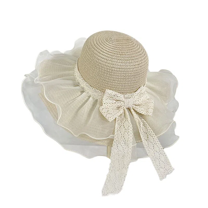 艾佳微 蝴蝶结度假游玩户外夏季时尚百搭沙滩遮阳帽子防晒网纱太阳帽 聚酯纤维 渔夫帽 男女同款情侣款