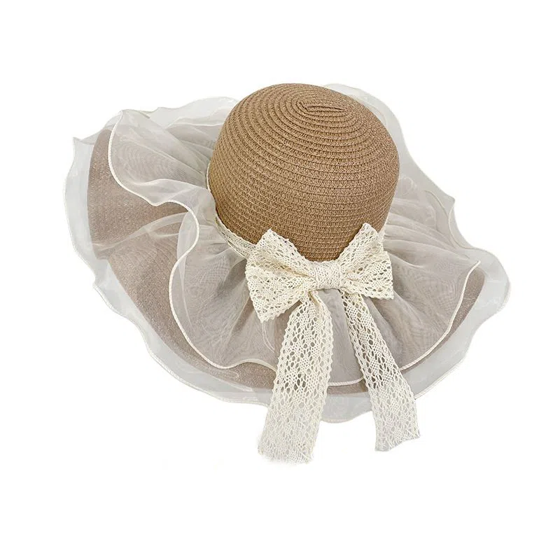 艾佳微 蝴蝶结度假游玩户外夏季时尚百搭沙滩遮阳帽子防晒网纱太阳帽 聚酯纤维 渔夫帽 男女同款情侣款