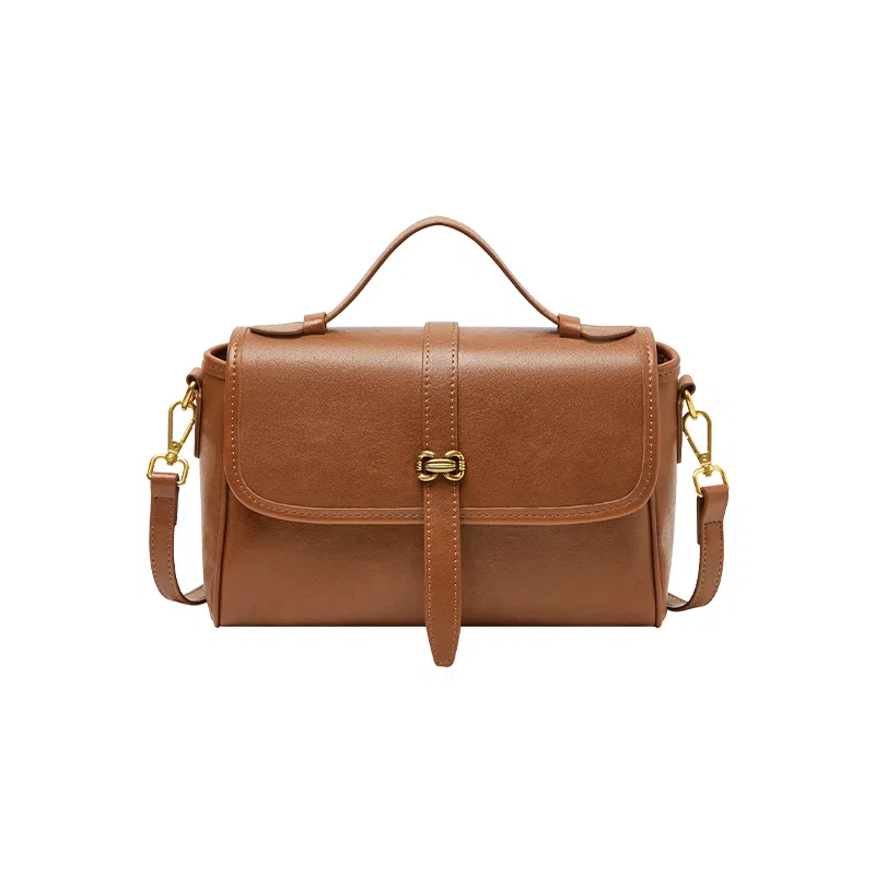 纳兰杜 高级感时尚百搭复古纯色简约小方包 牛皮拼合成革 单肩包斜挎包手提包 中号 女款 植鞣棕色