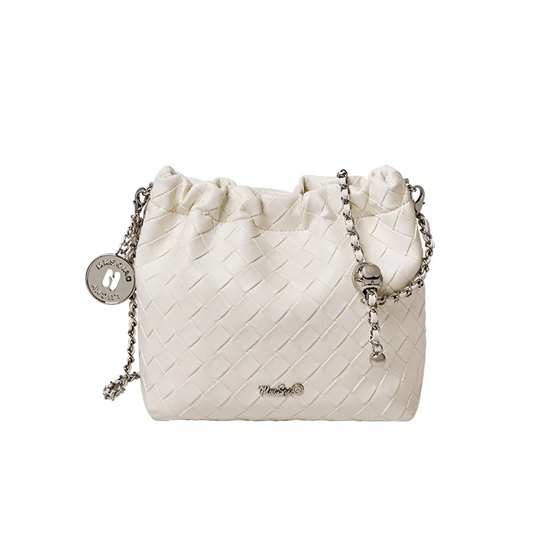 纳兰杜 潮流时尚百搭编织设计褶皱包 牛剖层革拼合成革 链条包斜挎包单肩包 小号 女款 子夜黑/米白色/太空银