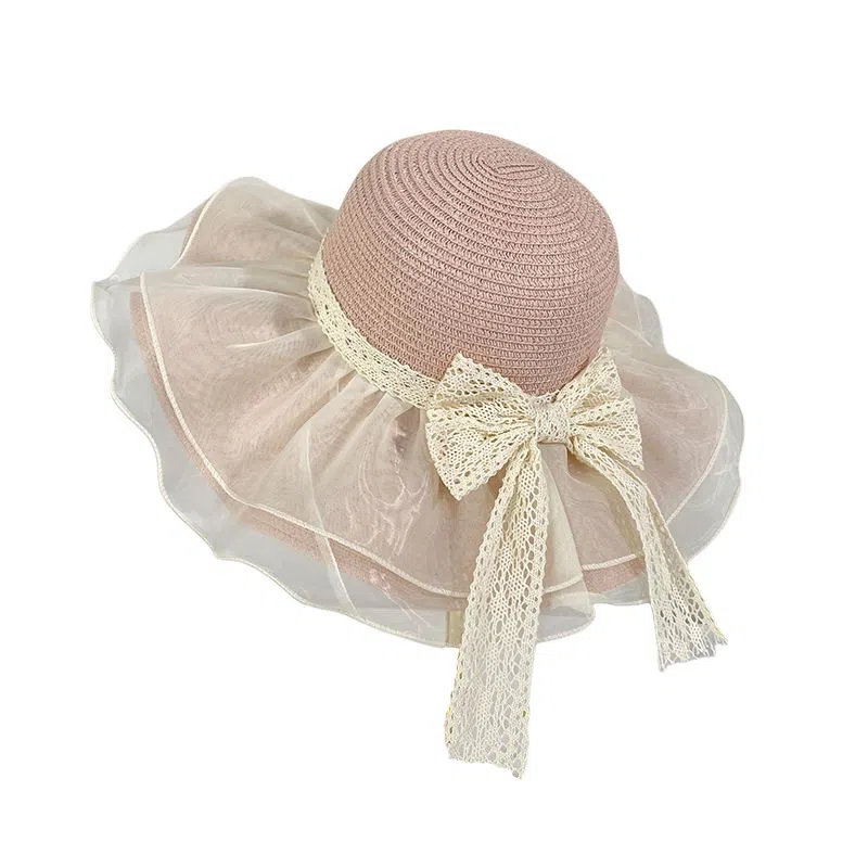 艾佳微 蝴蝶结度假游玩户外夏季时尚百搭沙滩遮阳帽子防晒网纱太阳帽 聚酯纤维 渔夫帽 男女同款情侣款
