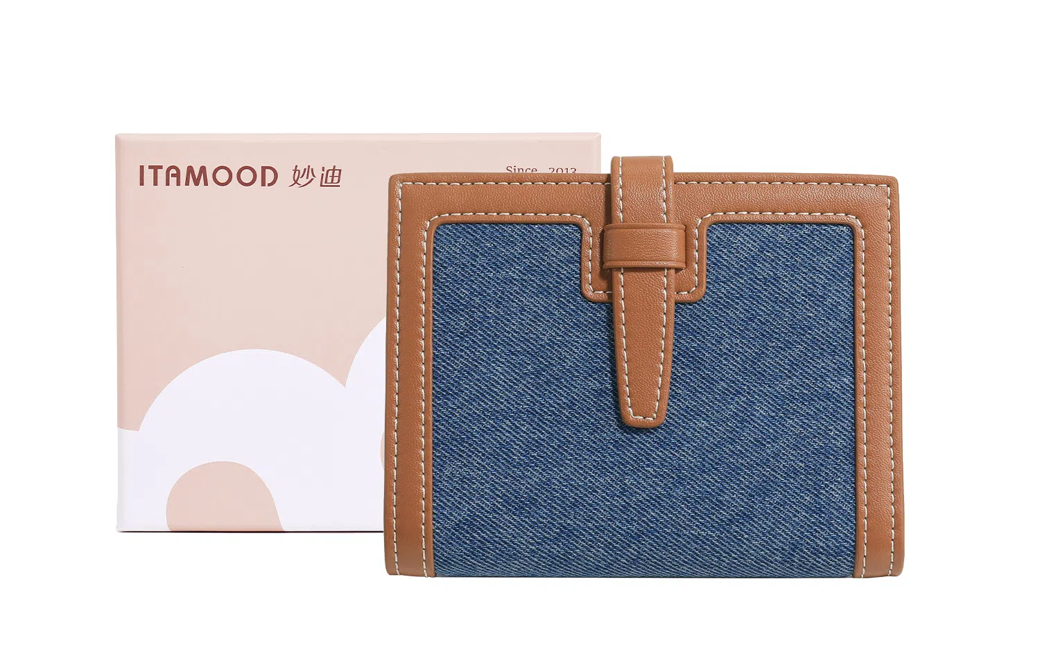 妙迪 撞色复古高级 织物 防盗刷钱包 女款 丹宁蓝