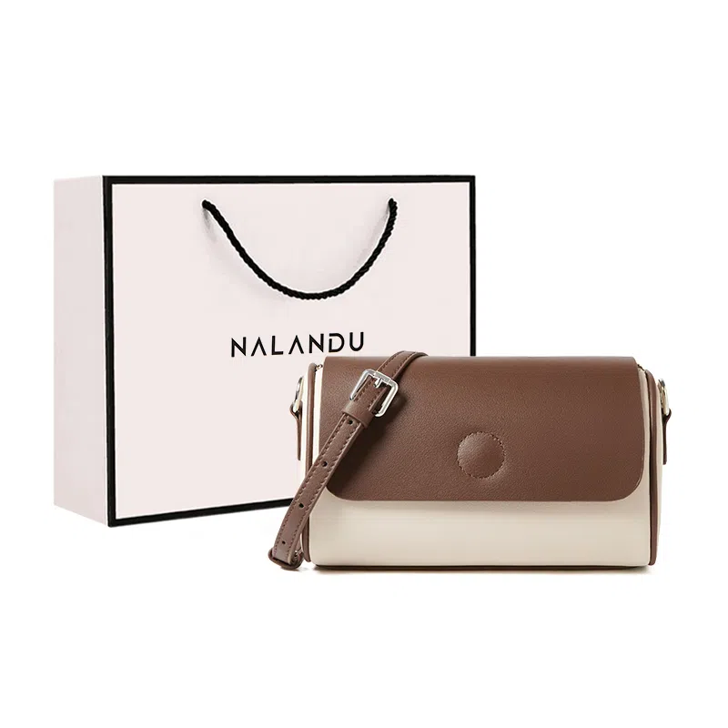 纳兰杜 流行时尚拼色高级感设计感百搭大容量 牛皮 小圆包圆筒包单肩斜挎包 常规 女款 米白配咖色/奶茶配杏色