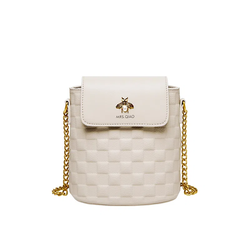 纳兰杜 女包小众优雅时尚链条包百搭通勤高级感个性精致实用 头层牛皮 斜挎包水桶包 小号 女款 米白色/大象灰