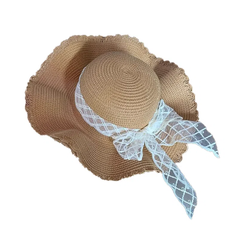 艾佳微 优雅轻奢蝴蝶结蕾丝防紫外线大帽檐户外度假沙滩 旅游太阳帽子 聚酯纤维 渔夫帽 女款