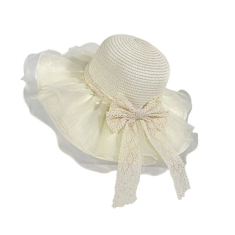 艾佳微 蝴蝶结度假游玩户外夏季时尚百搭沙滩遮阳帽子防晒网纱太阳帽 聚酯纤维 渔夫帽 男女同款情侣款