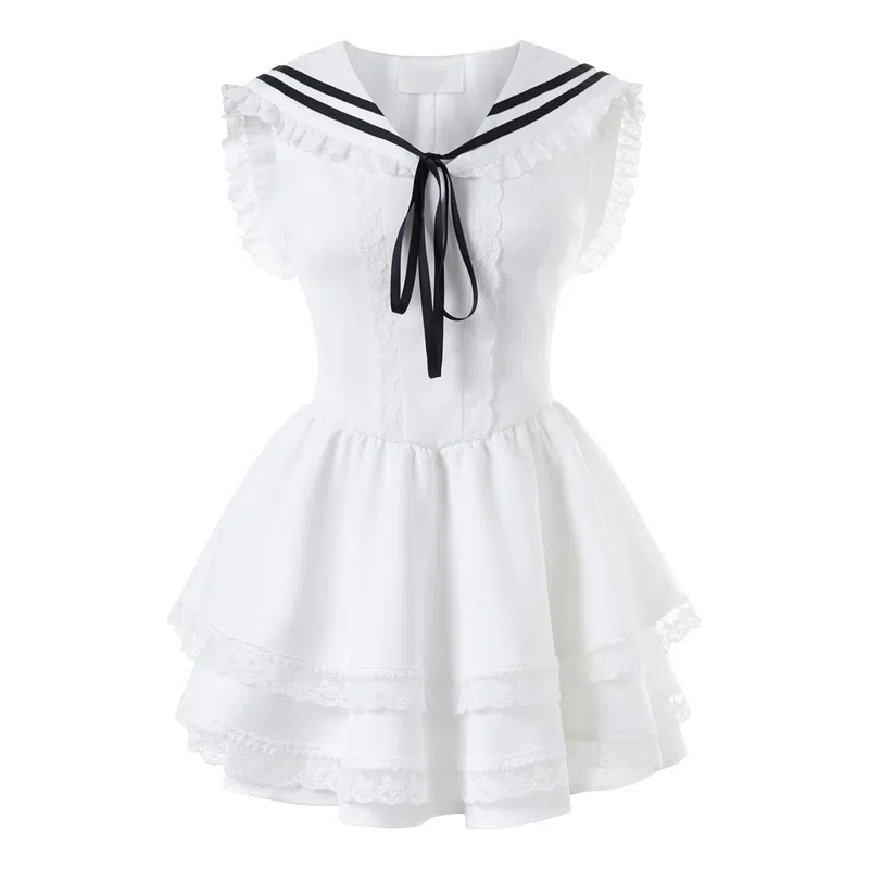 兰缪 海军领水手服公主减龄收腰设计感海边穿搭学院风蓬蓬裙无袖连衣裙 女款