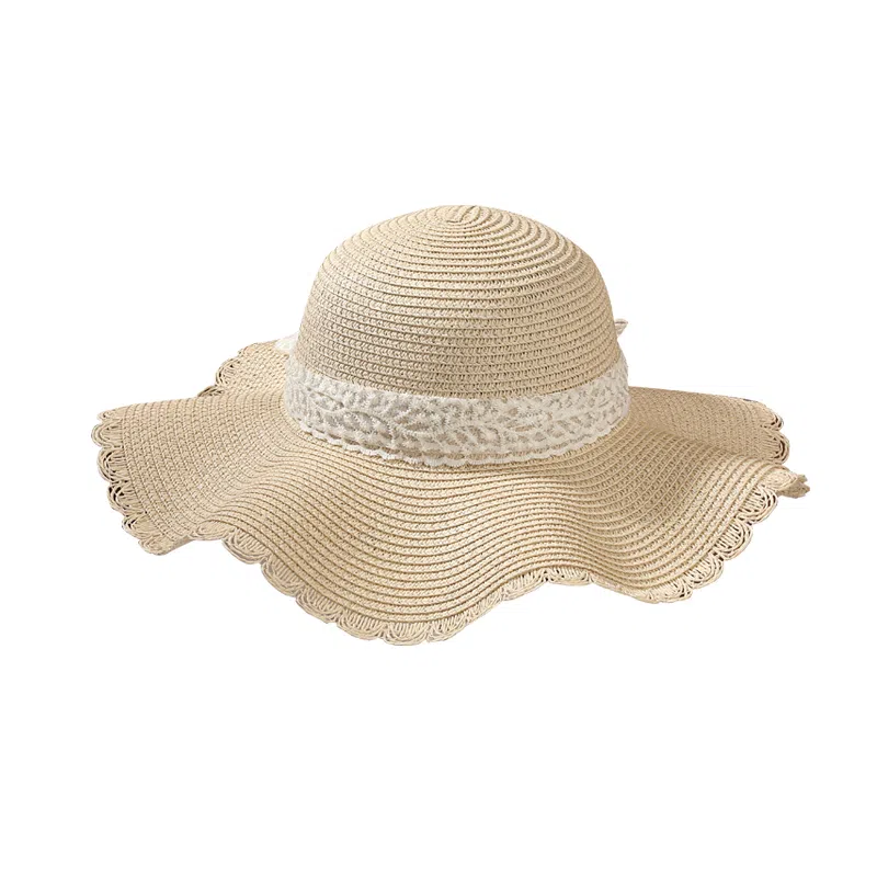 稻草人 波浪边蕾丝蝴蝶结草帽 大帽檐编织帽海边沙滩度假 遮阳 韩系百搭显脸小 纸草 防晒帽 女款