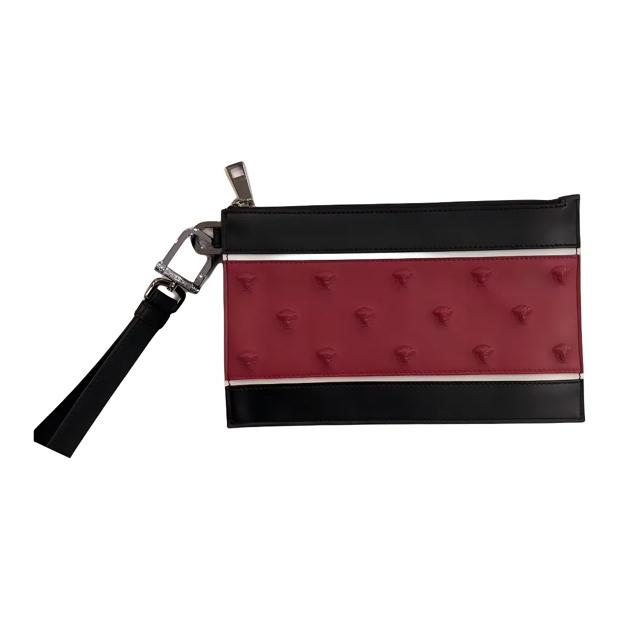 范思哲 美杜莎浮雕金属硬件 牛皮 手拿包 小号 男款 红色拼黑色