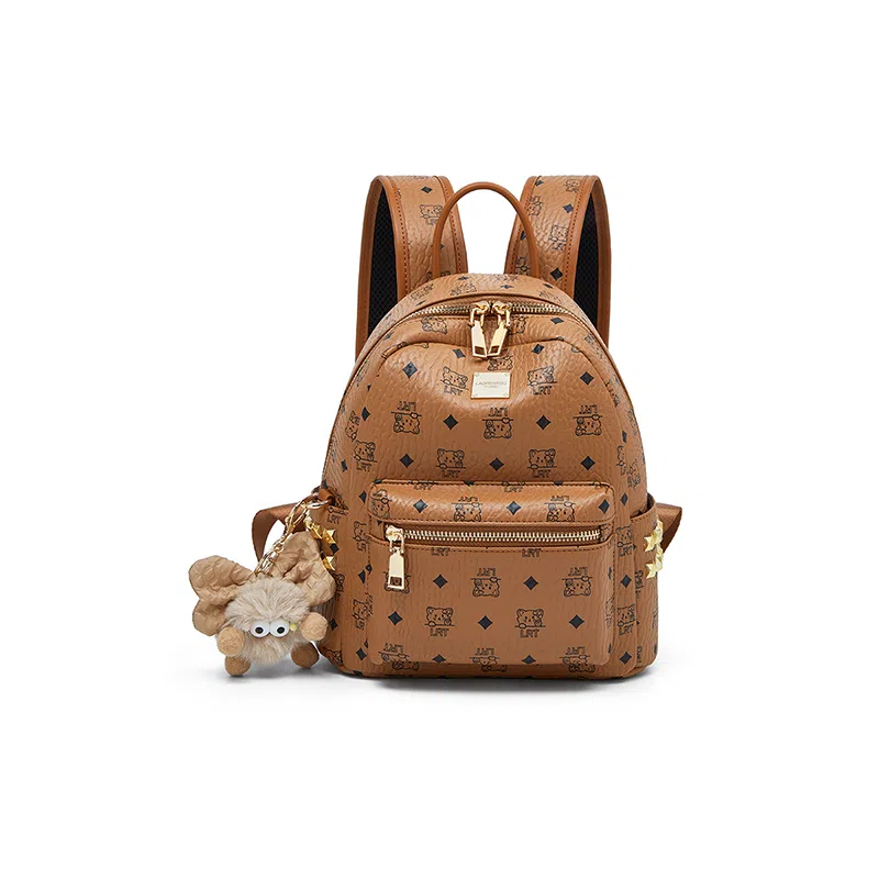 老人头 简约时尚猫咪印花日常通勤休闲百搭上课上班 合成革 双肩包 女款 棕色/粉色