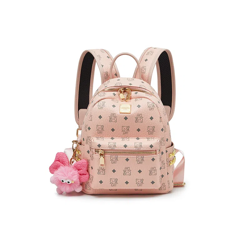 老人头 简约时尚猫咪印花日常通勤休闲百搭上课上班 合成革 双肩包 女款 棕色/粉色