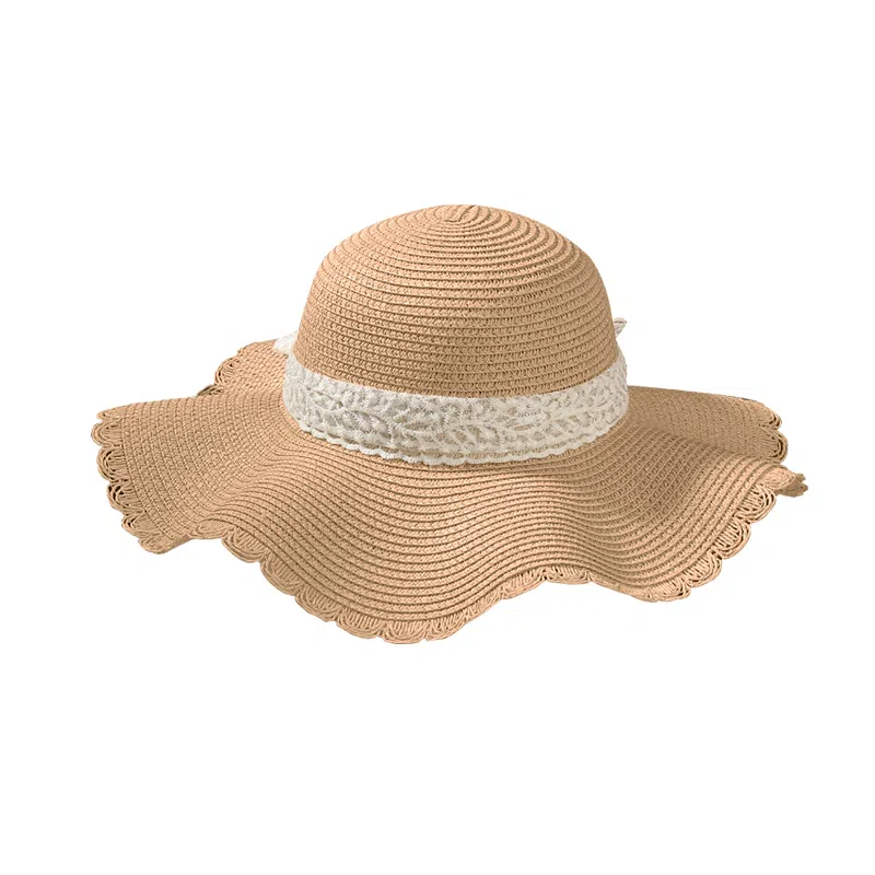 稻草人 波浪边蕾丝蝴蝶结草帽 大帽檐编织帽海边沙滩度假 遮阳 韩系百搭显脸小 纸草 防晒帽 女款