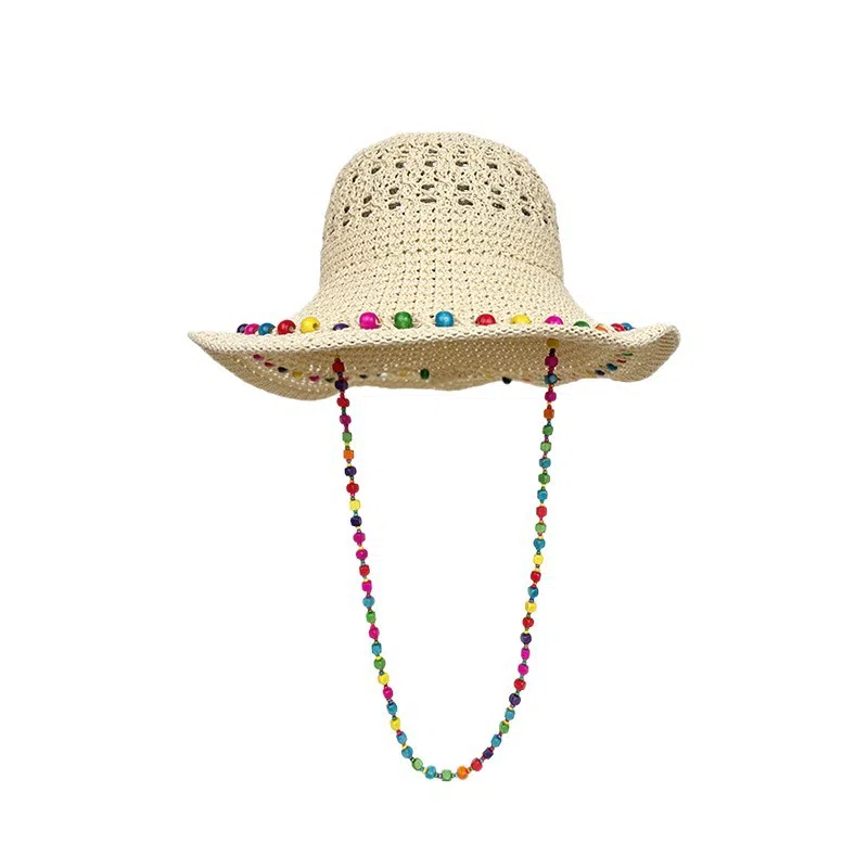 艾佳微 活泼彩色木珠多巴胺编织海边拍照 涤纶 渔夫帽 男女同款情侣款