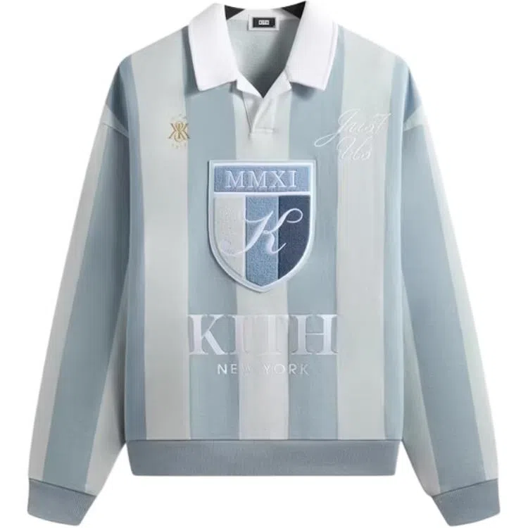 KITH Striped Logo Long Sleeve Polo Grey Blue