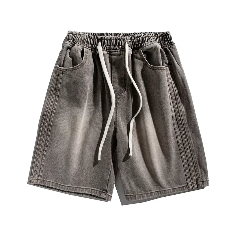 零氏 美式高街时尚做旧磨白设计休闲宽松系带五分牛仔短裤 男女同款
