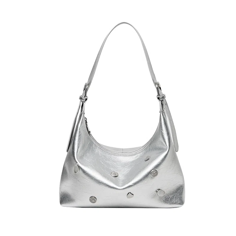 纳兰杜 大容量潮流甜酷少女百搭时尚高颜值小众 牛皮拼合成革 腋下包单肩包斜挎包托特包 大号 女款 银色/黑色