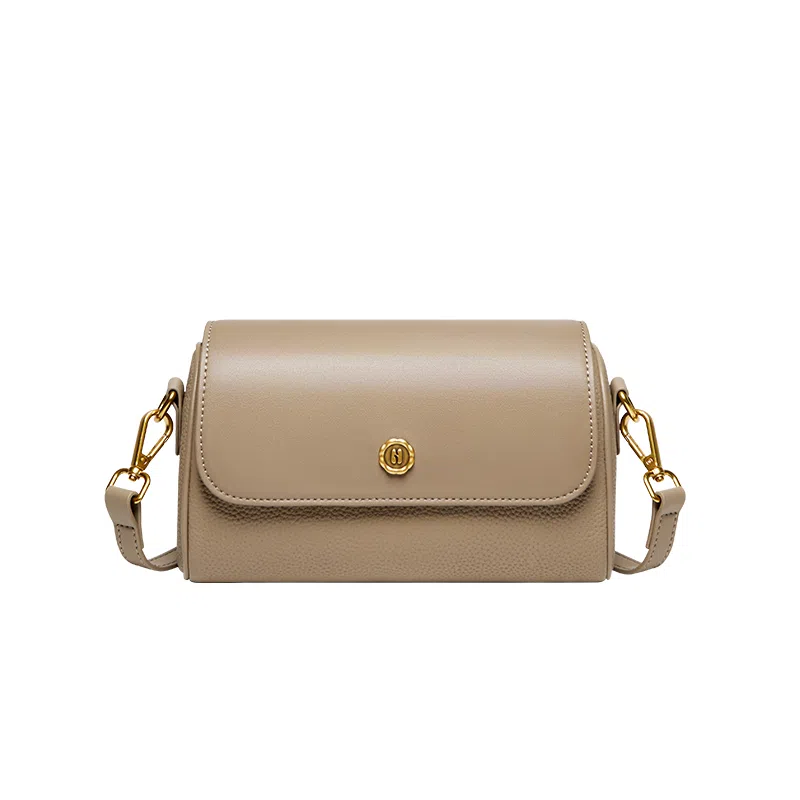 纳兰杜 百搭休闲通勤实用潮流 头层牛皮 圆筒包斜挎包 女款 米白拼杏/大象灰