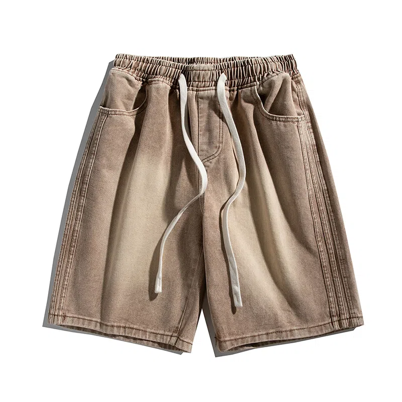 零氏 美式高街时尚做旧磨白设计休闲宽松系带五分牛仔短裤 男女同款