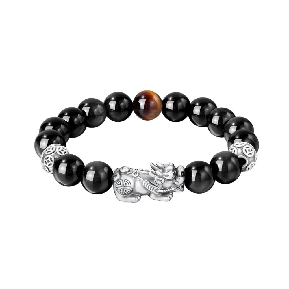 【S999足银纯银】 福韵金 六桂福  新中式招财纳福吞金兽国潮复古风八方来财平安顺遂转运珠时尚高级好运 黑曜石 手串 男款