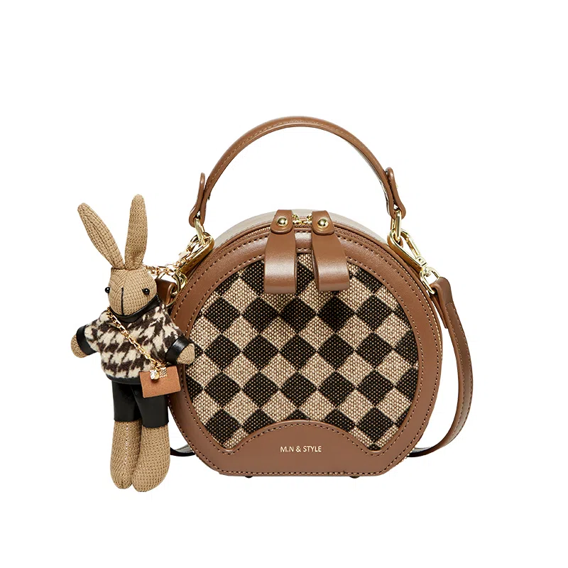 纳兰杜 高级复古拉链开合 织物拼合成革 小圆包斜挎包单肩包 迷你 女款 子夜黑/咖色