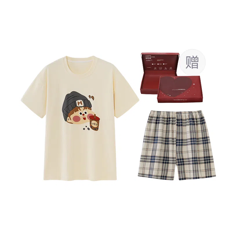顶瓜瓜 棉质短袖短裤圆领套头卡通格子简约舒适情侣家居服夏季睡衣礼盒 男女同款