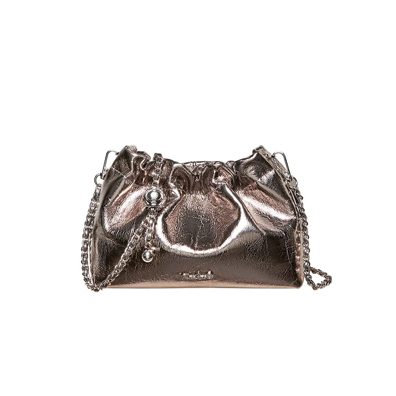 纳兰杜 女包百搭潮流甜酷小众设计感精致褶皱包包 牛皮 链条包云朵包单肩斜挎包 迷你 女款 金枪色