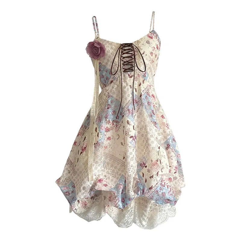 兰缪 甜妹可爱出游度假风碎花裙海边拍照出边晕染裙子高级设计感小个子可穿蓬蓬裙吊带连衣裙 女款