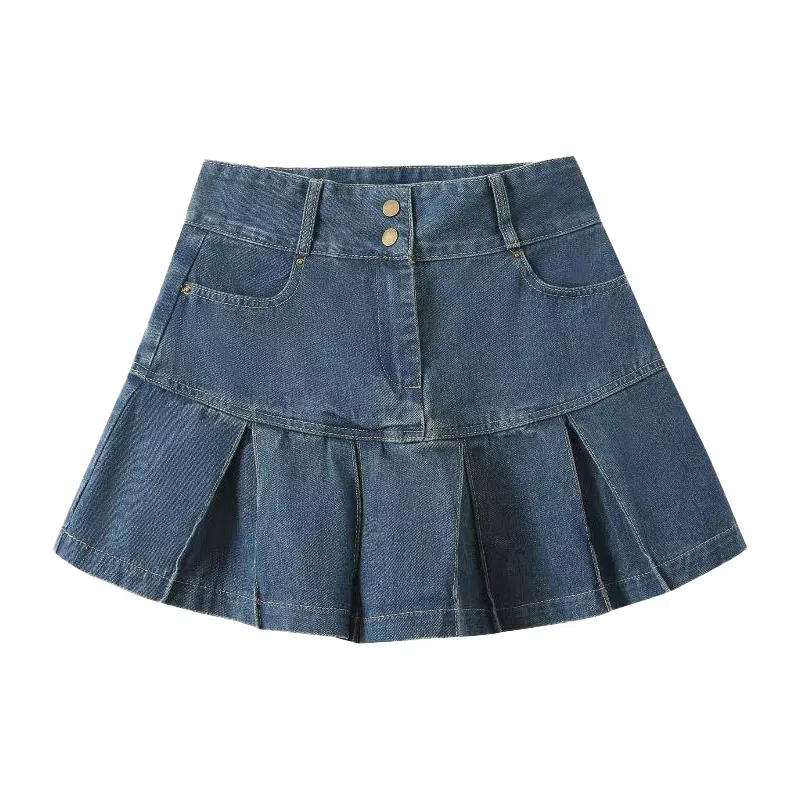 兰缪 大码高腰百褶计感半身裙女牛仔短裙 女款