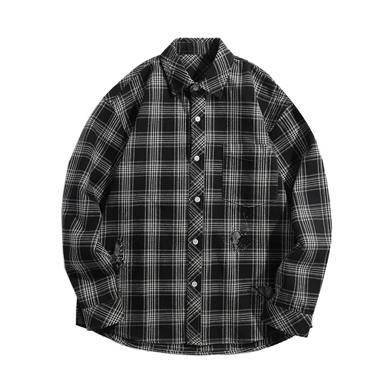 赞仕 美式格子日系休闲翻领撞色口袋上衣长袖衬衫 男女同款 黑色