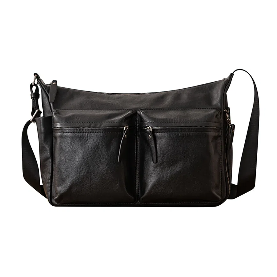 后步 通勤休闲机能风个性百搭运动质感 头层牛皮 单肩斜挎包 男女同款情侣款 黑色