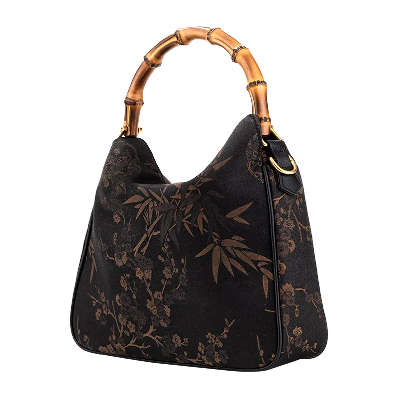 上海故事 香云纱新中式竹节 桑蚕丝拼粘胶纤维 手提包 中号 女款 经典黑