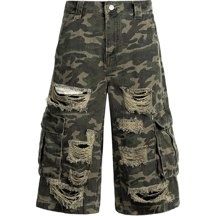 零氏 美式口袋拼接设计感高街百搭废土毛边破洞伐木裤机能风户外直筒休闲工装七分牛仔短裤 男女同款